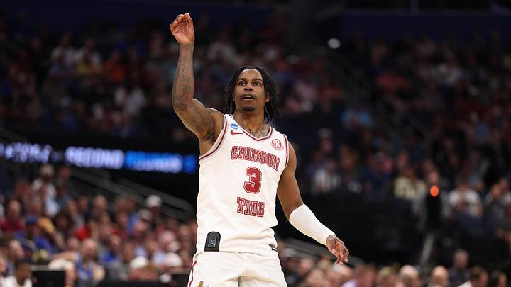 Mar 20, 2026; Tampa, FL, USA; Alabama Crimson Tide guard Latrell Wrightsell Jr. (3) reacts after a play in the first half against the Hofstra Pride during a first round game of the men's 2026 NCAA Tournament at Benchmark International Arena. Mandatory Credit: Nathan Ray Seebeck-Imagn Images