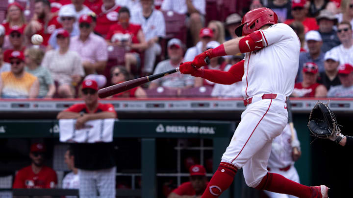 Cincinnati Reds second baseman Matt McLain hits a solo home run in the sixth inning of the MLB game between Cincinnati Reds and Chicago White Sox at Great American Ball Park in Cincinnati on Thursday, May 15, 2025.