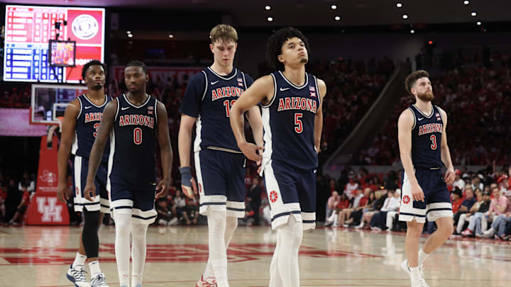 Feb 21, 2026; Houston, Texas, USA; Arizona Wildcats guard Brayden Burries (5) and teammates react after walking on the floor after Houston Cougars timeout in the second half at Fertitta Center. Mandatory Credit: Thomas Shea-Imagn Images Feb 21, 2026; Houston, Texas, USA; Arizona Wildcats guard Brayden Burries (5) and teammates react after walking on the floor after Houston Cougars timeout in the second half at Fertitta Center. Mandatory Credit: Thomas Shea-Imagn Images