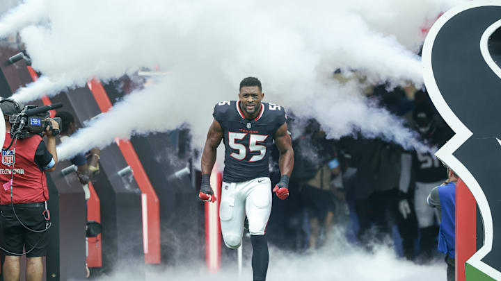 Oct 27, 2024; Houston, Texas, USA; Houston Texans defensive end Danielle Hunter (55) runs onto the field before the game against the Indianapolis Colts at NRG Stadium. Mandatory Credit: Troy Taormina-Imagn Images