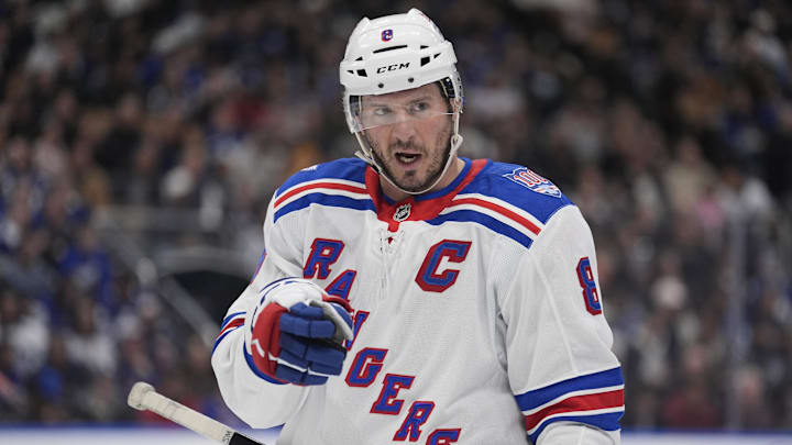 Mar 25, 2026; Toronto, Ontario, CAN; New York Rangers forward J.T. Miller (8) directs a teammate during break in the action against the Toronto Maple Leafs during the first period at Scotiabank Arena. Mandatory Credit: John E. Sokolowski-Imagn Images Mar 25, 2026; Toronto, Ontario, CAN; New York Rangers forward J.T. Miller (8) directs a teammate during break in the action against the Toronto Maple Leafs during the first period at Scotiabank Arena. Mandatory Credit: John E. Sokolowski-Imagn Images