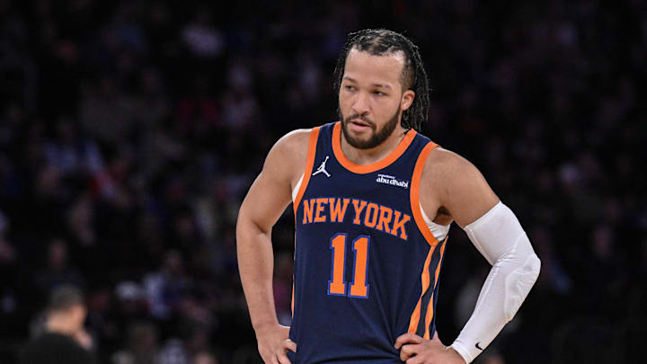 Apr 8, 2025; New York, New York, USA; New York Knicks guard Jalen Brunson (11) during the second half against the Boston Celtics at Madison Square Garden. Mandatory Credit: John Jones-Imagn Images