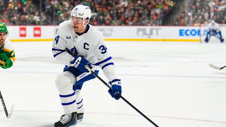 Nov 3, 2024; Saint Paul, Minnesota, USA; Toronto Maple Leafs center Auston Matthews (34) during a game between the Minnesota Wild and Toronto Maple Leafs at Xcel Energy Center. Mandatory Credit: Brace Hemmelgarn-Imagn Images Nov 3, 2024; Saint Paul, Minnesota, USA; Toronto Maple Leafs center Auston Matthews (34) during a game between the Minnesota Wild and Toronto Maple Leafs at Xcel Energy Center. Mandatory Credit: Brace Hemmelgarn-Imagn Images