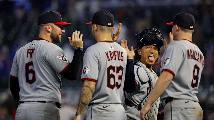 Sep 19, 2025; Minneapolis, Minnesota, USA; Cleveland Guardians catcher Bo Naylor (23) celebrates with utility player David Fry (6), outfielder C.J. Kayfus (63) and first baseman Kyle Manzardo (9) after a win against the Minnesota Twins at Target Field. Mandatory Credit: Bruce Kluckhohn-Imagn Images