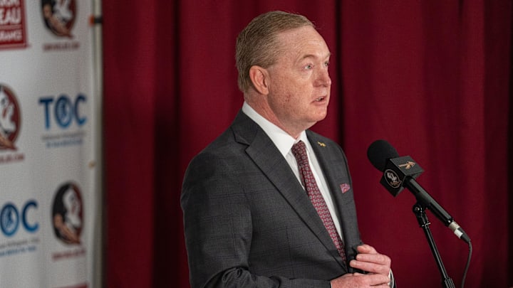 FSU Athletic Director Michael Alford welcomes FSU’s new men’s basketball coach Luke Loucks during a press conference Monday, March 10, 2025.