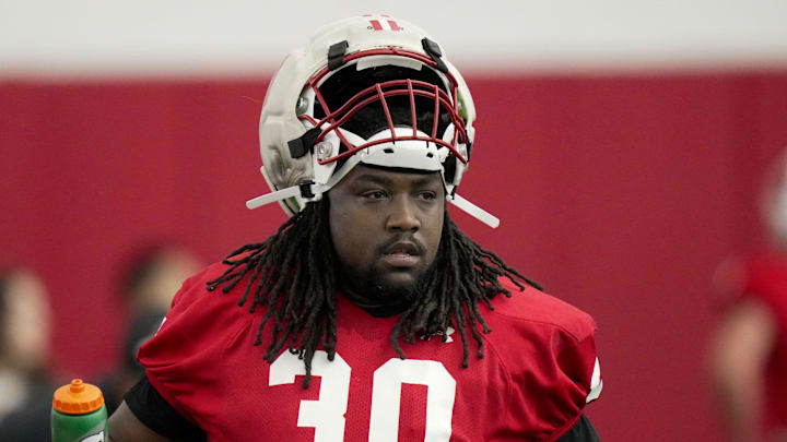 Wisconsin defensive lineman Charles Perkins (30) is shown during spring football practice Wednesday, April23, 2025 in Madison, Wisconsin.