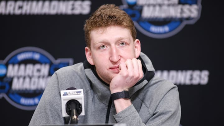Mar 27, 2025; Atlanta, GA, USA; Michigan Wolverines center Danny Wolf (1) addresses the media in a press conference during NCAA Tournament South Regional Practice at State Farm Arena. Mandatory Credit: Brett Davis-Imagn Images