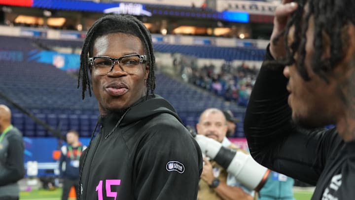 Feb 28, 2025; Indianapolis, IN, USA;  Colorado defensive back Travis Hunter (DB15) looks on during the 2025 NFL Combine at Lucas Oil Stadium. Mandatory Credit: Kirby Lee-Imagn Images