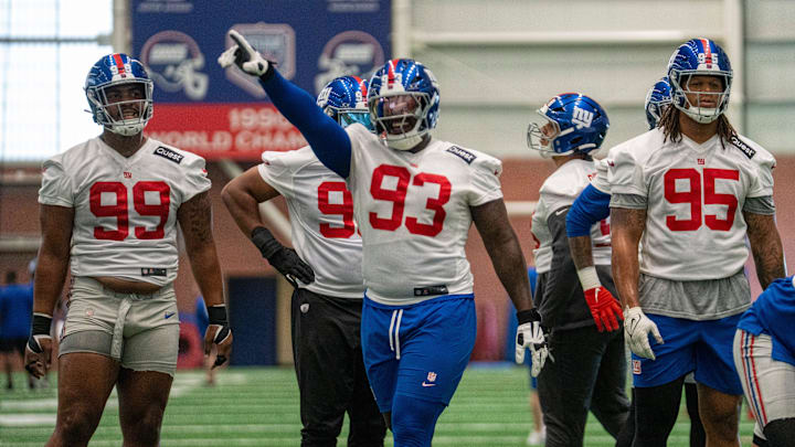 New York Giants defensive tackle Rakeem Nunez-Roches (93) gestures while doing drills during Mandatory Minicamp at Quest Diagnostics Giants Training Center in East Rutherford on Tuesday, June 17, 2025.