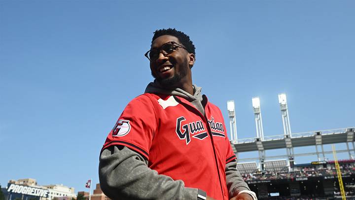 Oct 12, 2024; Cleveland, Ohio, USA; Cleveland Claviers Donovan Mitchell before the game between the Detroit Tigers and the Cleveland Guardians during game five of the ALDS for the 2024 MLB Playoffs at Progressive Field. Mandatory Credit: Ken Blaze-Imagn Images Oct 12, 2024; Cleveland, Ohio, USA; Cleveland Claviers Donovan Mitchell before the game between the Detroit Tigers and the Cleveland Guardians during game five of the ALDS for the 2024 MLB Playoffs at Progressive Field. Mandatory Credit: Ken Blaze-Imagn Images