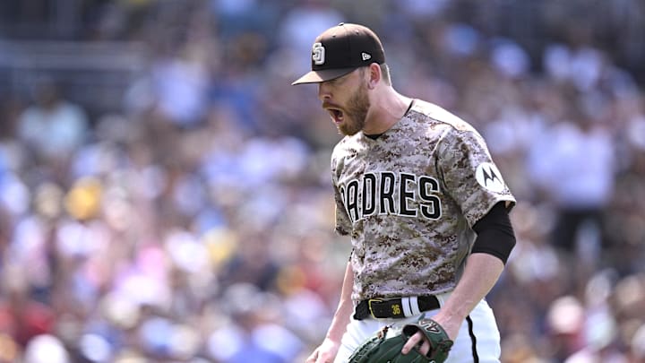 Jul 30, 2023; San Diego, California, USA; San Diego Padres relief pitcher Steven Wilson (36) reacts