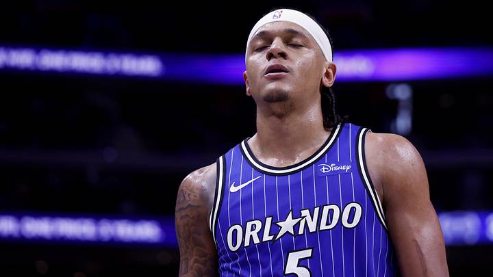 May 3, 2026; Detroit, Michigan, USA; Orlando Magic forward Paolo Banchero (5) reacts in the first half against the Detroit Pistons during game seven of the first round of the 2026 NBA Playoffs at Little Caesars Arena. Mandatory Credit: Rick Osentoski-Imagn Images