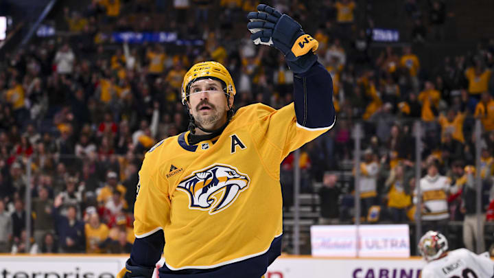 Feb 26, 2026; Nashville, Tennessee, USA; Nashville Predators left wing Filip Forsberg (9) celebrates scoring a goal against the Chicago Blackhawks during the first period at Bridgestone Arena. Mandatory Credit: Steve Roberts-Imagn Images Feb 26, 2026; Nashville, Tennessee, USA; Nashville Predators left wing Filip Forsberg (9) celebrates scoring a goal against the Chicago Blackhawks during the first period at Bridgestone Arena. Mandatory Credit: Steve Roberts-Imagn Images