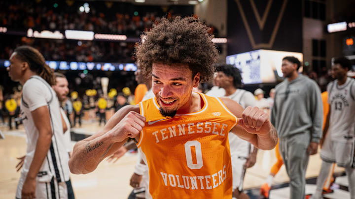 Tennessee guard Ja'kobi Gillespie (0) celebrates defeating Vanderbilt at Memorial Gym in Nashville, Tenn., Saturday, Feb. 21, 2026.
