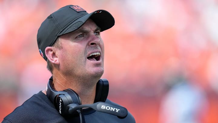 Cincinnati Bengals head coach Zac Taylor watches a replay in the fourth quarter of the NFL Week 2 game between the Cincinnati Bengals and the Jacksonville Jaguars at Paycor Stadium in downtown Cincinnati on Sunday, Sept. 14, 2025. The Bengals came back from a halftime deficit to win 31-27.