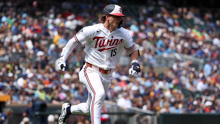 May 17, 2026; Minneapolis, Minnesota, USA; Minnesota Twins second baseman Luke Keaschall (15) runs after hitting a single against the Milwaukee Brewers during the fifth inning at Target Field. Mandatory Credit: Matt Krohn-Imagn Images May 17, 2026; Minneapolis, Minnesota, USA; Minnesota Twins second baseman Luke Keaschall (15) runs after hitting a single against the Milwaukee Brewers during the fifth inning at Target Field. Mandatory Credit: Matt Krohn-Imagn Images