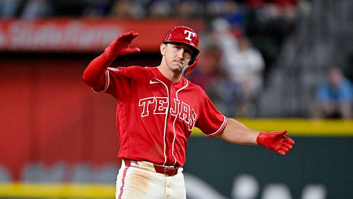 Sep 19, 2026; Arlington, Texas, USA;  Texas Rangers left fielder Wyatt Langford (36) celebrates after he hits a double and drives in a run against the Toronto Blue Jays during the sixth inning at Globe Life Field. Mandatory Credit: Jerome Miron-Imagn Images