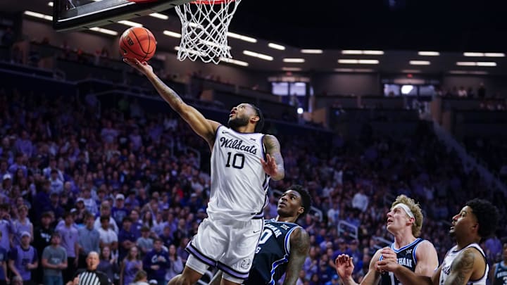 Kansas State guard David Castillo drives for a layup against BYU at Bramlage Coliseum.