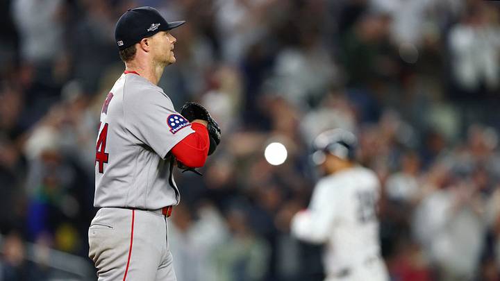Sep 30, 2026; Bronx, New York, USA;  Boston Red Sox pitcher Sonny Gray (54) looks on after New York Yankees first baseman Luis Garcia Jr. (26) hits a home run in the fourth inning during game two of the Wildcard round for the 2026 MLB Playoffs at Yankee Stadium.  Mandatory Credit: Vincent Carchietta-Imagn Images