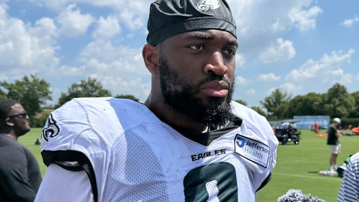 Josh Uche meets with reporters after Day 4 of Eagles training camp.