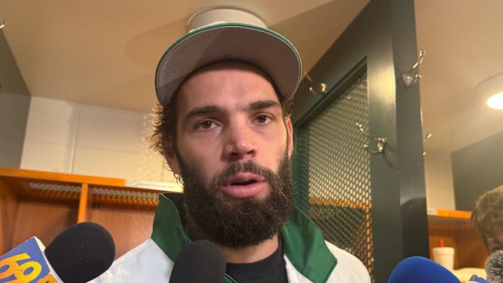 Eagles tight end Dallas Goedert talks to reporters after scoring two touchdowns in 38-20 win over the New York Giants in Week 8. Eagles tight end Dallas Goedert talks to reporters after scoring two touchdowns in 38-20 win over the New York Giants in Week 8.