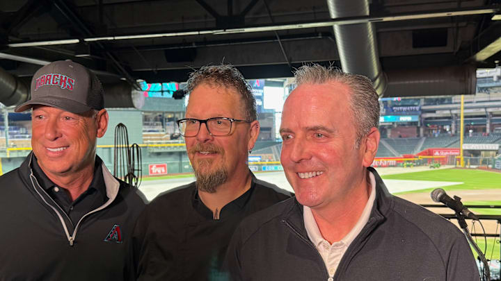 Arizona Diamondbacks President and CEO Derrick Hall with Chef Steve Tilder and Special Assistant Luis Gonzalez at Chase Field March 18 2025