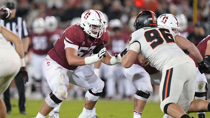 Oct 8, 2022; Stanford, California, USA; Stanford Cardinal guard Levi Rogers (57) blocks Oregon State Beavers defensive lineman Simon Sandberg (96) during the second quarter at Stanford Stadium. Mandatory Credit: Darren Yamashita-Imagn Images Oct 8, 2022; Stanford, California, USA; Stanford Cardinal guard Levi Rogers (57) blocks Oregon State Beavers defensive lineman Simon Sandberg (96) during the second quarter at Stanford Stadium. Mandatory Credit: Darren Yamashita-Imagn Images