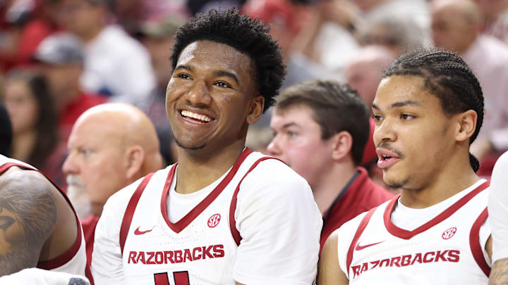 Arkansas Razorbacks wing Karter Knox (11) and guard Darius Acuff Jr (5) on the bench during the second half against the Jackson State Tigers at Bud Walton Arena in Fayetteville, Ark. Arkansas Razorbacks wing Karter Knox (11) and guard Darius Acuff Jr (5) on the bench during the second half against the Jackson State Tigers at Bud Walton Arena in Fayetteville, Ark.