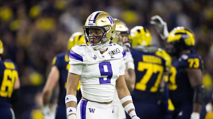Jan 8, 2024; Houston, TX, USA; Washington Huskies cornerback Thaddeus Dixon (9) against the Michigan Wolverines during the 2024 College Football Playoff national championship game at NRG Stadium. 