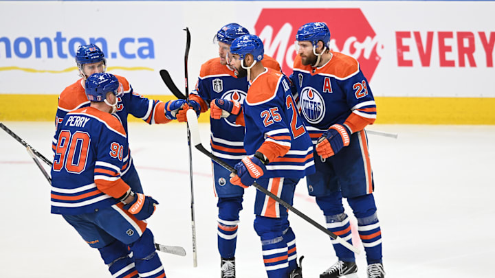 Edmonton Oilers defenseman Philip Broberg (86) celebrates a goal