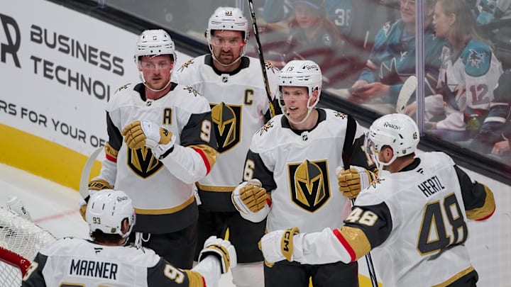 Oct 9, 2025; San Jose, California, USA; Vegas Golden Knights right wing Pavel Dorofeyev (16) celebrates with right wing Mitch Marner (93), center Jack Eichel (9), right wing Mark Stone (61) and center Tomas Hertl (48) after scoring a power play goal against the San Jose Sharks during the second period at SAP Center at San Jose. Mandatory Credit: Robert Edwards-Imagn Images Oct 9, 2025; San Jose, California, USA; Vegas Golden Knights right wing Pavel Dorofeyev (16) celebrates with right wing Mitch Marner (93), center Jack Eichel (9), right wing Mark Stone (61) and center Tomas Hertl (48) after scoring a power play goal against the San Jose Sharks during the second period at SAP Center at San Jose. Mandatory Credit: Robert Edwards-Imagn Images