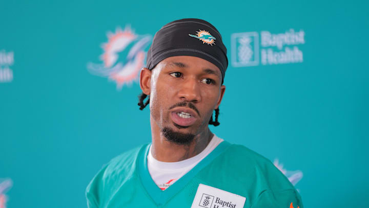 Miami Dolphins cornerback Jack Jones (23) speaks to reporters during training camp at Baptist Health Training Complex. Miami Dolphins cornerback Jack Jones (23) speaks to reporters during training camp at Baptist Health Training Complex.