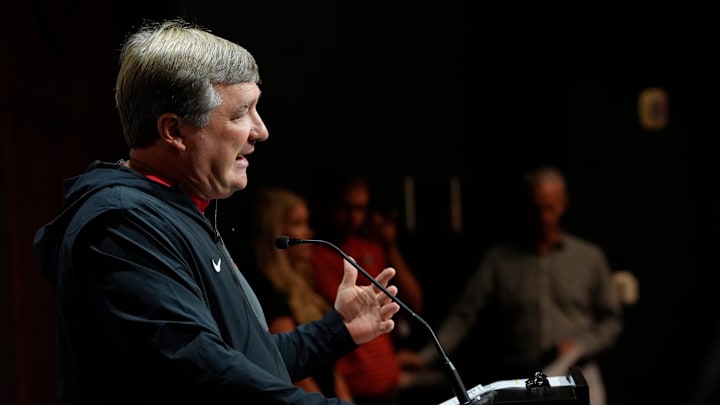 Georgia coach Kirby Smart speaks to the media on the first day of fall practice in Athens, Georgia, on Thursday, July 31, 2025.