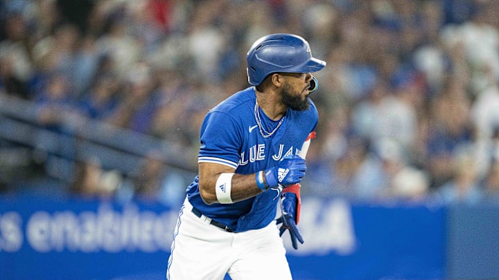 Toronto Blue Jays right fielder Teoscar Hernandez (37) hits an RBI double against the Tampa Bay Rays during the eighth inning at Rogers Centre on Sept 13, 2022.