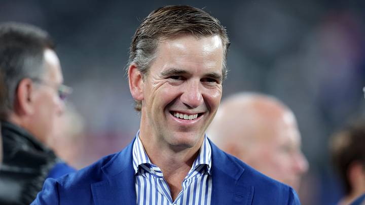 Oct 13, 2024; East Rutherford, New Jersey, USA; New York Giants former quarterback Eli Manning on the field before a game against the Cincinnati Bengals at MetLife Stadium. Oct 13, 2024; East Rutherford, New Jersey, USA; New York Giants former quarterback Eli Manning on the field before a game against the Cincinnati Bengals at MetLife Stadium.
