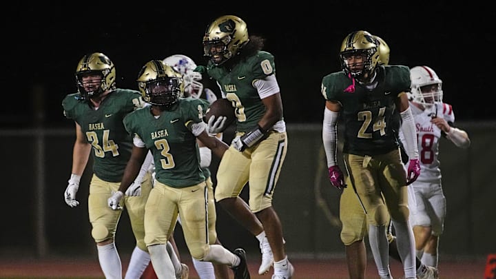 August 29, 2024: Basha wide receiver Dash Blake (0) celebrates after returning a kick against Millard South during a game at Hamilton High School. August 29, 2024: Basha wide receiver Dash Blake (0) celebrates after returning a kick against Millard South during a game at Hamilton High School.