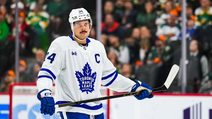 Nov 3, 2024; Saint Paul, Minnesota, USA; Toronto Maple Leafs center Auston Matthews (34) looks on during a game between the Minnesota Wild and Toronto Maple Leafs at Xcel Energy Center. Mandatory Credit: Brace Hemmelgarn-Imagn Images