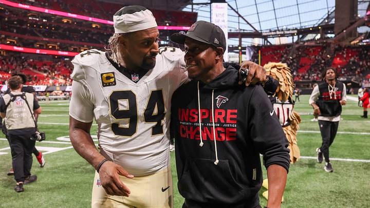 Jan 4, 2026; Atlanta, Georgia, USA; New Orleans Saints defensive end Cameron Jordan (94) walks with Atlanta Falcons head coach Raheem Morris after a game at Mercedes-Benz Stadium. Mandatory Credit: Brett Davis-Imagn Images Jan 4, 2026; Atlanta, Georgia, USA; New Orleans Saints defensive end Cameron Jordan (94) walks with Atlanta Falcons head coach Raheem Morris after a game at Mercedes-Benz Stadium. Mandatory Credit: Brett Davis-Imagn Images