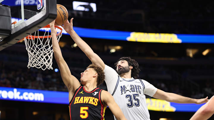 Feb 10, 2025; Orlando, Florida, USA; Orlando Magic center Goga Bitadze (35) block the shot of Atlanta Hawks guard Dyson Daniels (5) in the second quarter at Kia Center. Mandatory Credit: Nathan Ray Seebeck-Imagn Images Feb 10, 2025; Orlando, Florida, USA; Orlando Magic center Goga Bitadze (35) block the shot of Atlanta Hawks guard Dyson Daniels (5) in the second quarter at Kia Center. Mandatory Credit: Nathan Ray Seebeck-Imagn Images