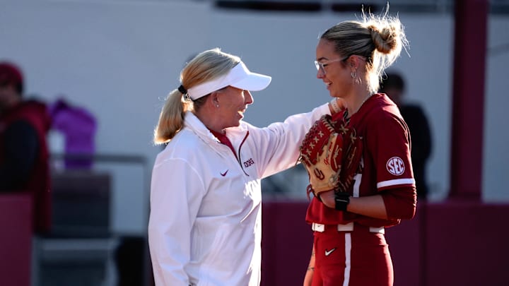 Oklahoma coach Patty Gasso and pitcher Sam Landry