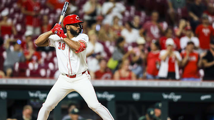 Cincinnati Reds pinch hitter Amed Rosario (38) at bat in the ninth inning against the Oakland Athletics at Great American Ball Park in 2024.