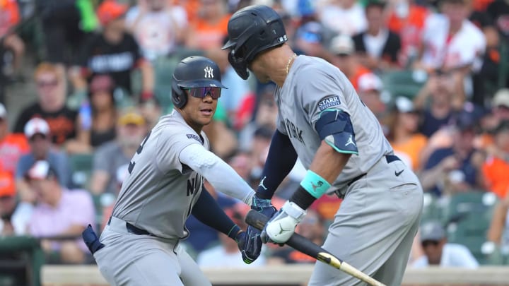 Jul 13, 2024; Baltimore, Maryland, USA; New York Yankees outfielder Juan Soto (left) greeted by outfielder Aaron Judge (right) following his solo home run in the fifth inning against the Baltimore Orioles at Oriole Park at Camden Yards. Mandatory Credit: Mitch Stringer-USA TODAY Sports Jul 13, 2024; Baltimore, Maryland, USA; New York Yankees outfielder Juan Soto (left) greeted by outfielder Aaron Judge (right) following his solo home run in the fifth inning against the Baltimore Orioles at Oriole Park at Camden Yards. Mandatory Credit: Mitch Stringer-USA TODAY Sports