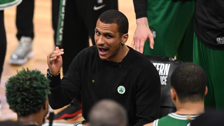 May 25, 2023; Boston, Massachusetts, USA; Boston Celtics head coach Joe Mazzulla talks to his team