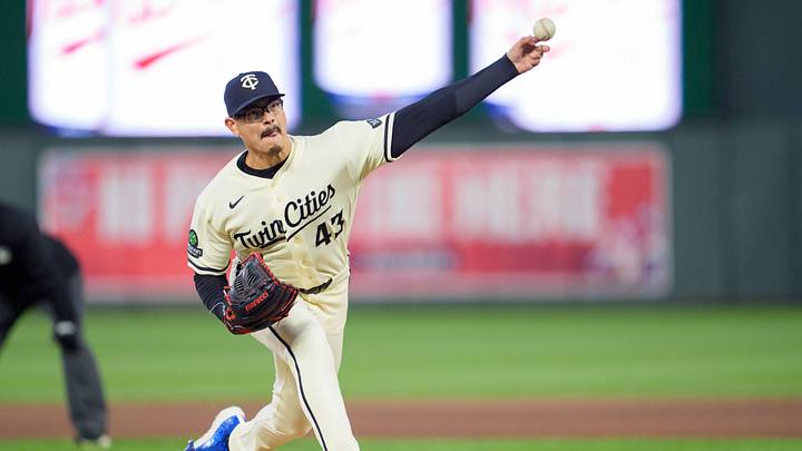 Apr 30, 2026; Minneapolis, Minnesota, USA; Minnesota Twins pitcher Anthony Banda (43) pitches to Toronto Blue Jays left fielder Davis Schneider (36) in the seventh inning at Target Field. Mandatory Credit: Matt Blewett-Imagn Images