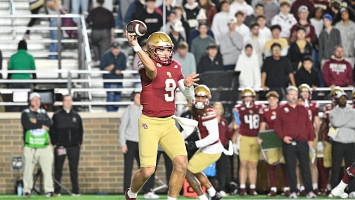 Oct 11, 2025; Chestnut Hill, Massachusetts, USA; Boston College Eagles quarterback Dylan Lonergan (9) throws a pass during the first half against the Clemson Tigers at Alumni Stadium. Mandatory Credit: Eric Canha-Imagn Images Oct 11, 2025; Chestnut Hill, Massachusetts, USA; Boston College Eagles quarterback Dylan Lonergan (9) throws a pass during the first half against the Clemson Tigers at Alumni Stadium. Mandatory Credit: Eric Canha-Imagn Images