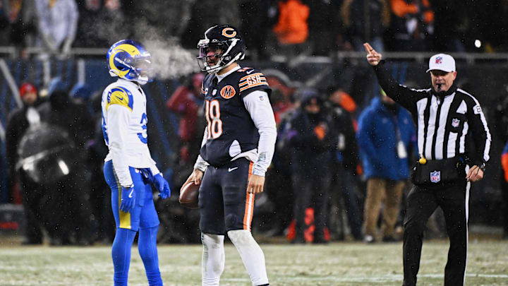 Jan 18, 2026; Chicago, IL, USA; Chicago Bears quarterback Caleb Williams (18) reacts to a first down against the Los Angeles Rams during the fourth quarter of an NFC Divisional Round game at Soldier Field. Mandatory Credit: Matt Marton-Imagn Images