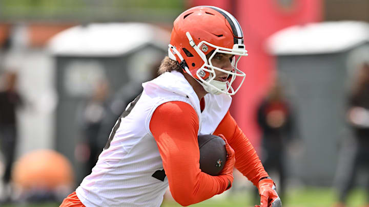 May 8, 2026; Berea, OH, USA; Cleveland Browns tight end Joe Royer (18) during rookie minicamp at CrossCountry Mortgage Campus. Mandatory Credit: Ken Blaze-Imagn Images
