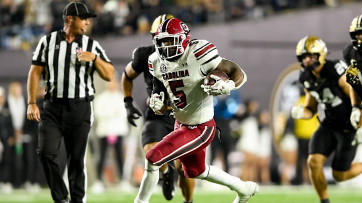 Nov 9, 2024; Nashville, Tennessee, USA; South Carolina Gamecocks running back Raheim Sanders (5) runs the ball against the Vanderbilt Commodores during the second half at FirstBank Stadium. Mandatory Credit: Steve Roberts-Imagn Images Nov 9, 2024; Nashville, Tennessee, USA; South Carolina Gamecocks running back Raheim Sanders (5) runs the ball against the Vanderbilt Commodores during the second half at FirstBank Stadium. Mandatory Credit: Steve Roberts-Imagn Images