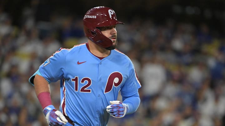 Oct 8, 2025; Los Angeles, California, USA; Philadelphia Phillies designated hitter Kyle Schwarber (12) rounds the bases hitting a solo home run off Los Angeles Dodgers pitcher Yoshinobu Yamamoto (18) during the fourth inning of game three of the NLDS during the 2025 MLB playoffs at Dodger Stadium. Mandatory Credit: Jayne Kamin-Oncea-Imagn Images Oct 8, 2025; Los Angeles, California, USA; Philadelphia Phillies designated hitter Kyle Schwarber (12) rounds the bases hitting a solo home run off Los Angeles Dodgers pitcher Yoshinobu Yamamoto (18) during the fourth inning of game three of the NLDS during the 2025 MLB playoffs at Dodger Stadium. Mandatory Credit: Jayne Kamin-Oncea-Imagn Images