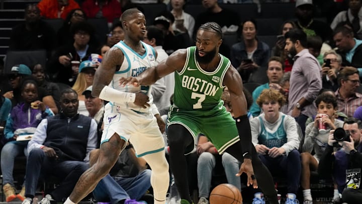 Oct 19, 2023; Charlotte, North Carolina, USA; Boston Celtics guard Jaylen Brown (7) works the ball